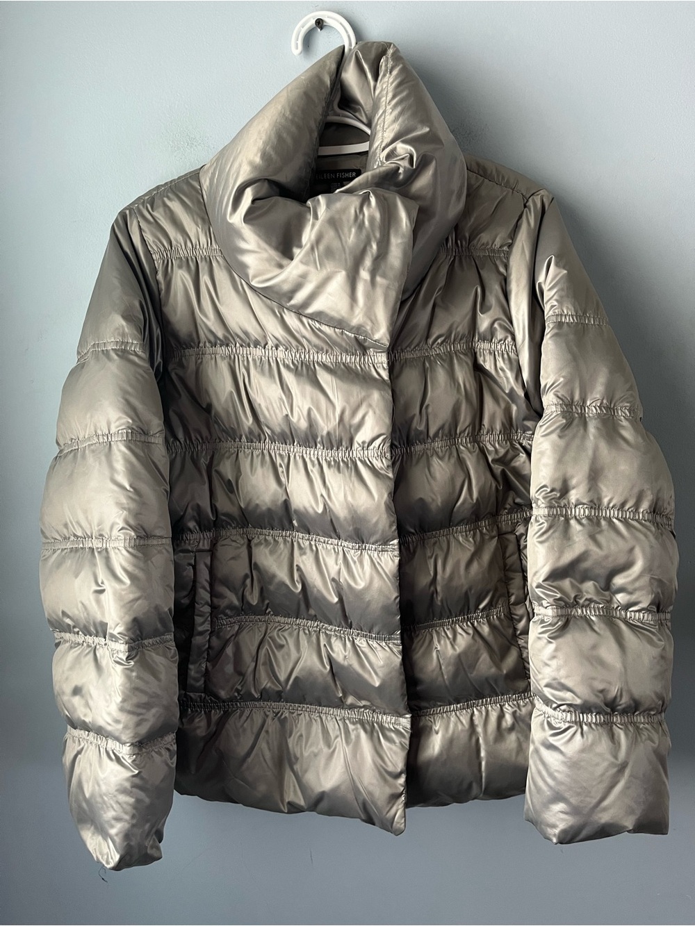 Eileen Fisher Platinum Silver Funnel Neck Down Ruched Puffer Jacket Size S